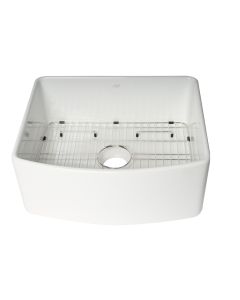 ALFI Brand ABFC2420-W White Smooth Curved Apron 24" x 20" Single Bowl Fireclay Farm Sink with Grid