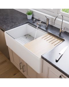 ALFI Brand ABFS3320S-W White Smooth Apron Workstation Step Rim Fireclay Farm Sink with Accessories