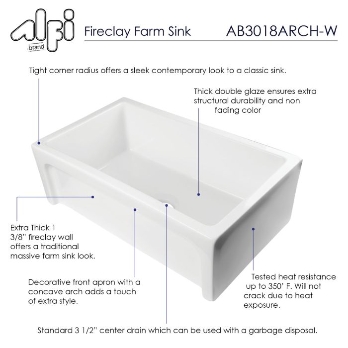 30 White ALFI brand AB3018ARCH-W Arched Apron Thick Wall Fireclay Single Bowl Farm Sink 